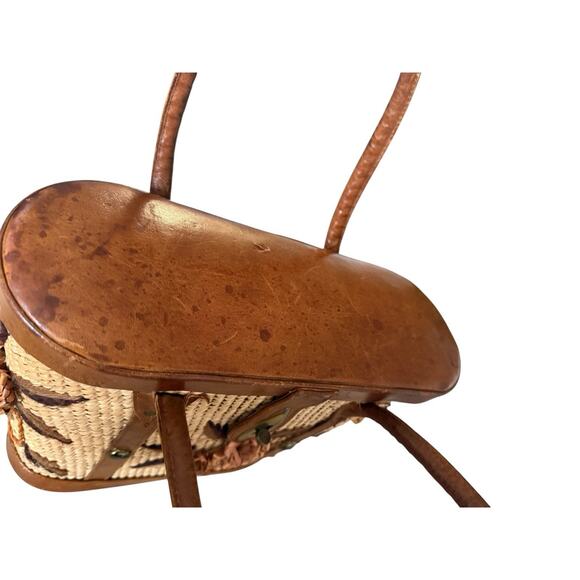 1960s Vintage Woven Straw Leather Floral Handbag Tote Purse Collectible Bag - Picture 4 of 11